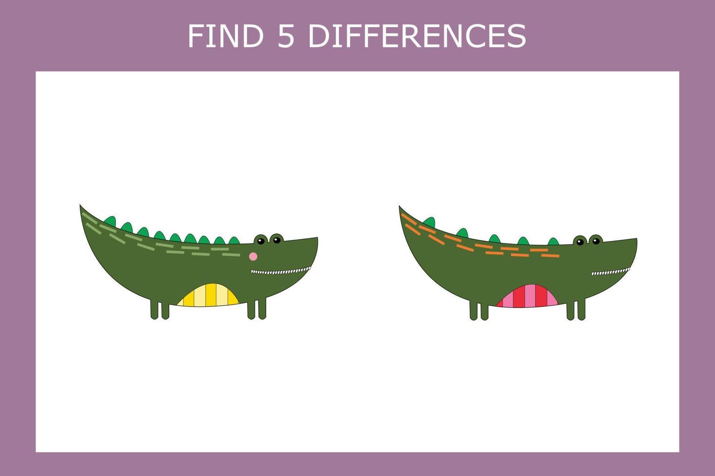Educational game for children. Find 5 differences between the crocodiles and circle them vector