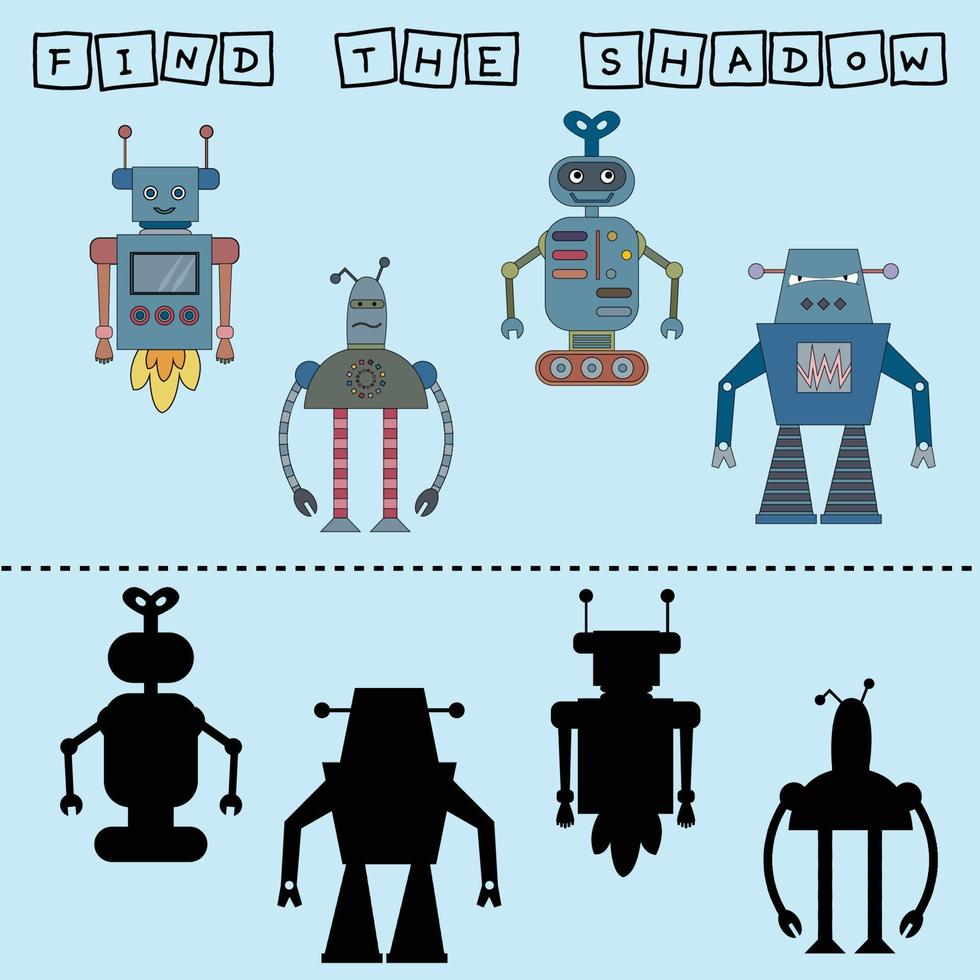 encuentra la sombra correcta con coloridos robots. juego educativo para niños. vector