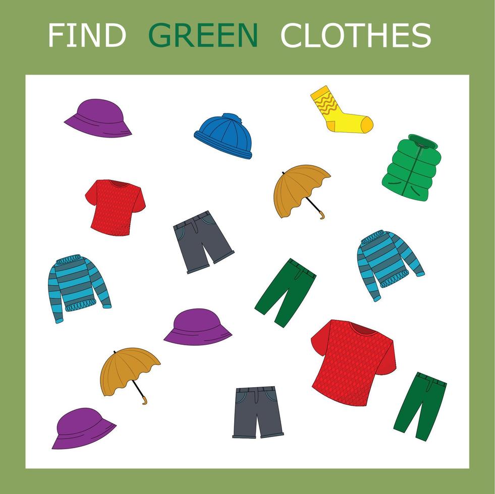 Find green clothes. Preschool worksheet, worksheet for kids, printable worksheet vector
