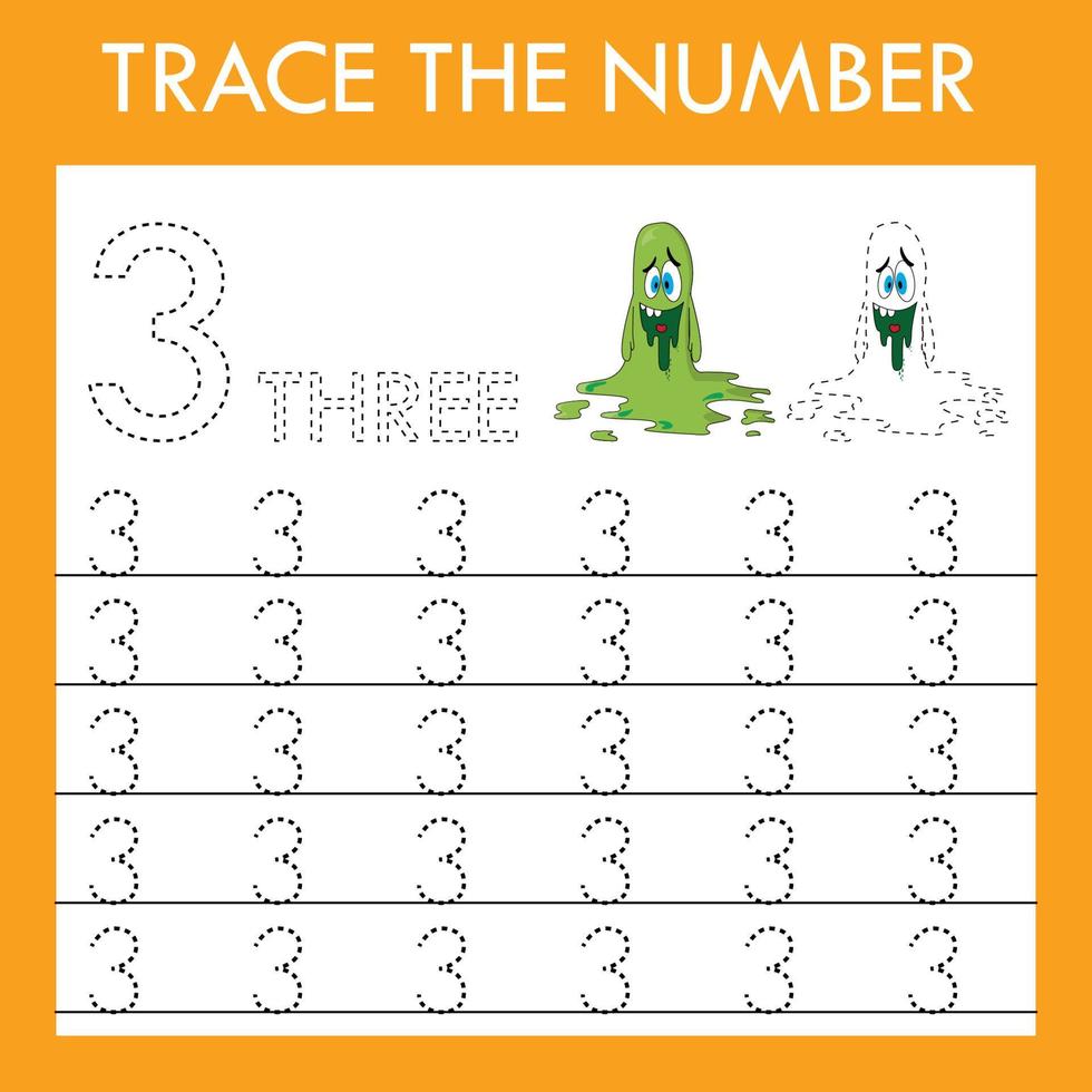 Number three stroke worksheet with monsters for fine motor skills kids. Educational game for preschoolers. vector