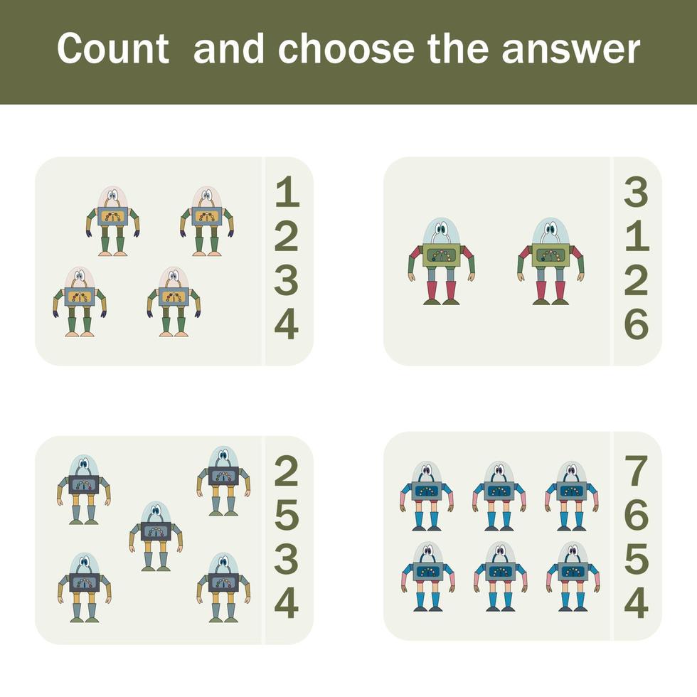 Counting Game for Preschool Children.  Count how many  robots vector
