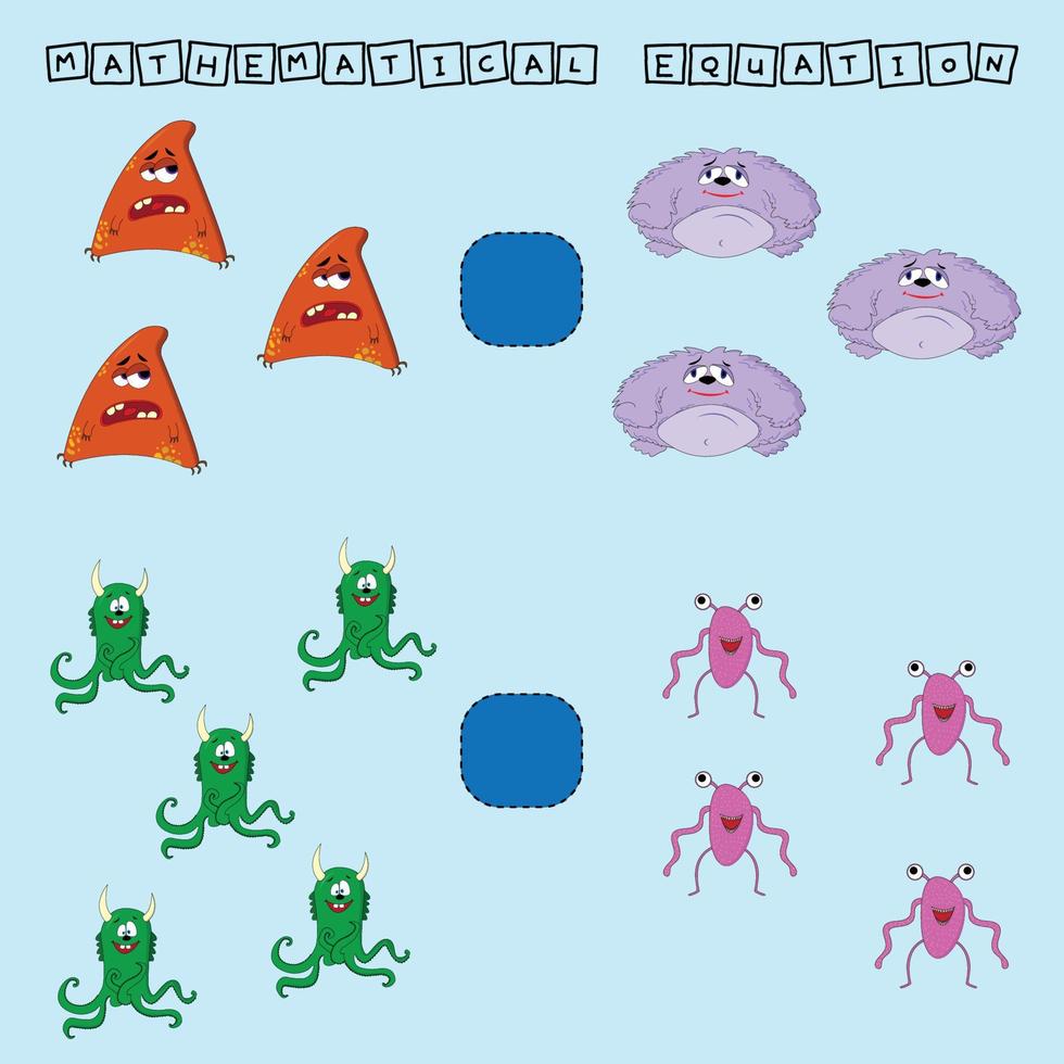 Developing activities for children, compare which more monsters. Logic game for children, mathematical inequalities. vector