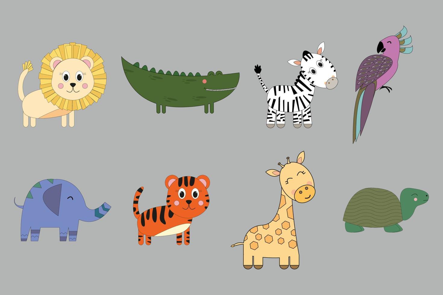 Cute cartoon African animals. Set of lion, elephant, crocodile, tiger, zebra, giraffe, parrot, turtle. vector