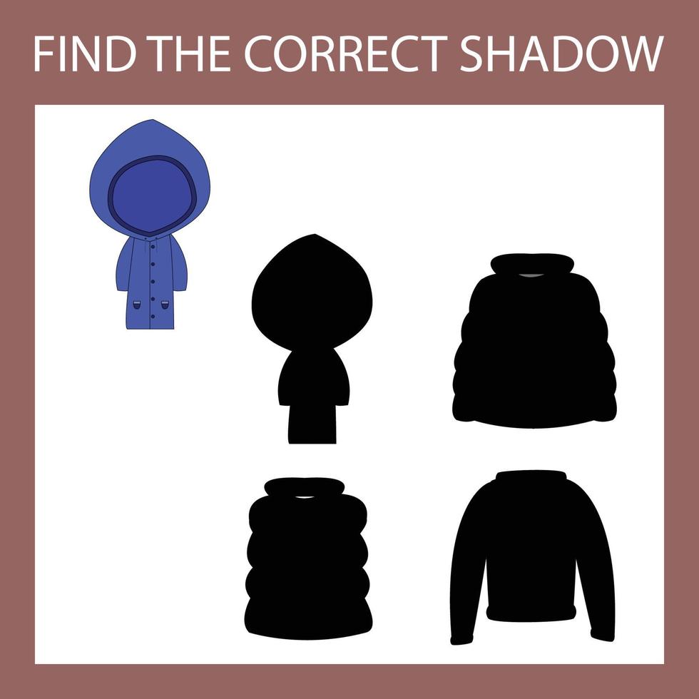 Find correct shadow with clothes, raincoat.  Kids educational game. vector