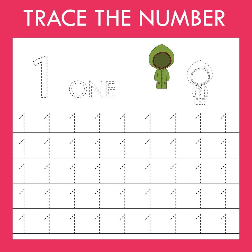 Number one stroke worksheet with raincoat  for fine motor skills kids. Educational game for preschoolers. vector