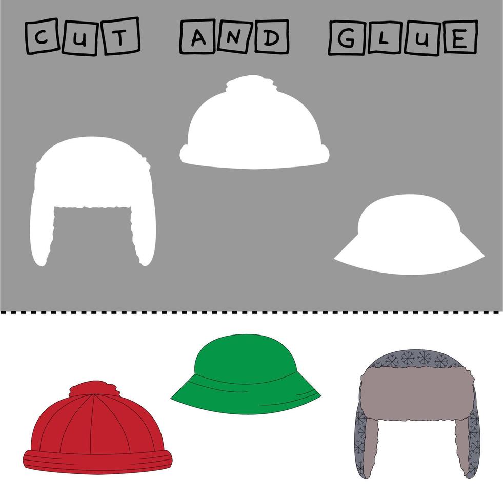 ilustración vectorial de sombreros con sombras. juego de papel para el desarrollo de niños en edad preescolar. Recorta partes de la imagen y pega el sombrero, Panamá, orejeras. divertido juego para niños y niños vector