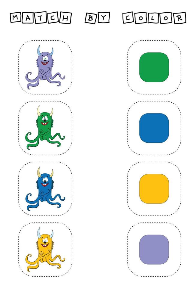 Developing activity for children -  match the  monsters by  color. Logic game for children. vector