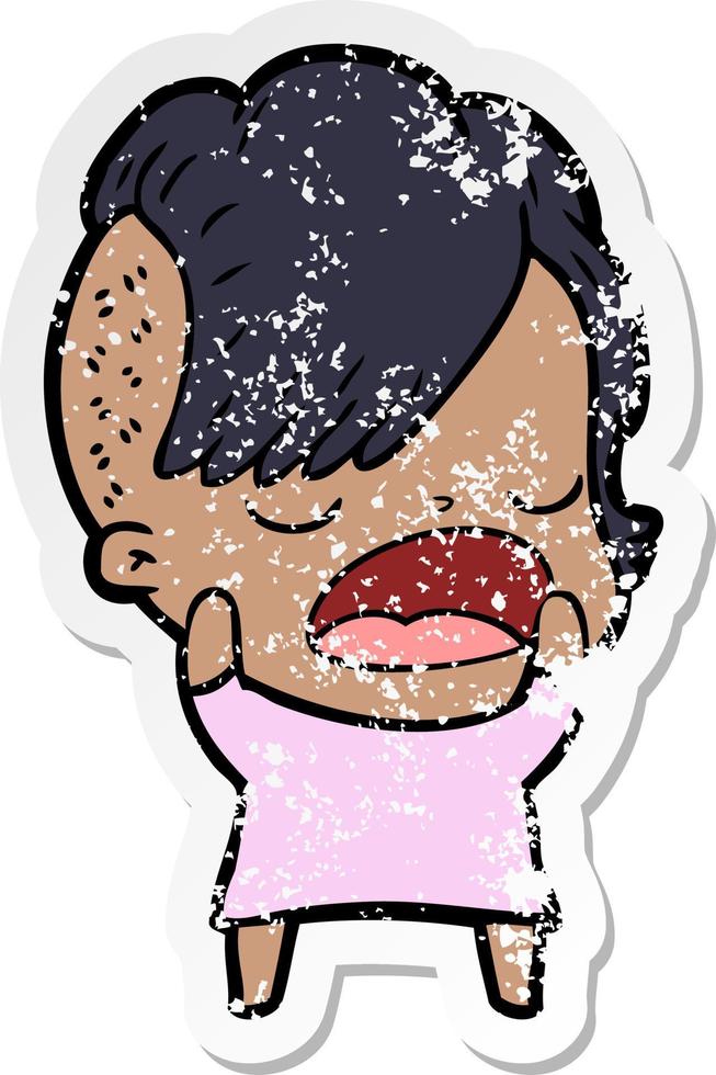 distressed sticker of a cartoon cool hipster girl talking vector