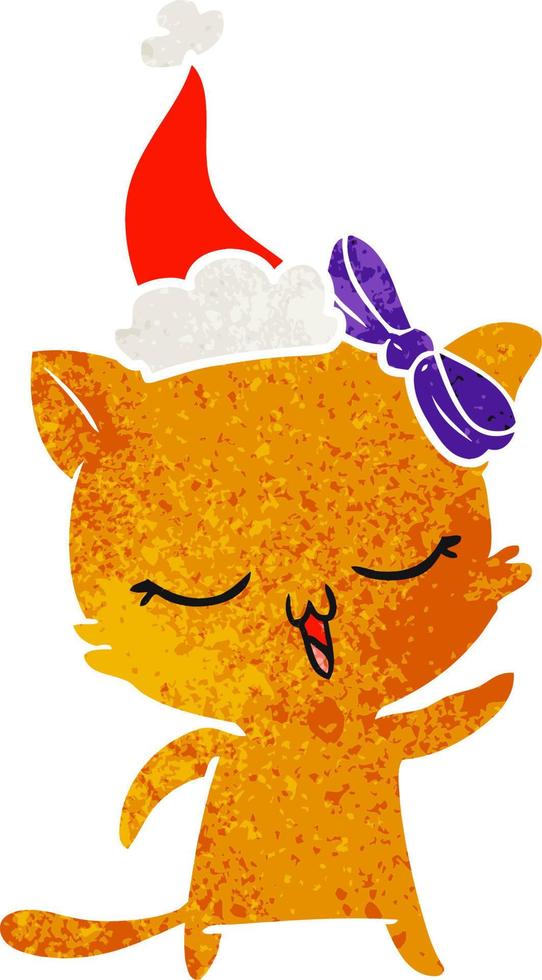 retro cartoon of a cat with bow on head wearing santa hat vector