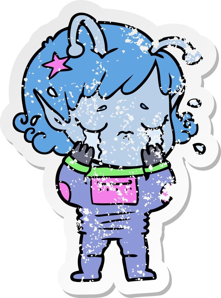 distressed sticker of a cartoon crying alien girl vector