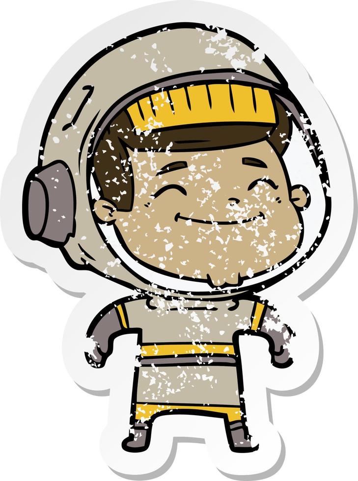 distressed sticker of a happy cartoon astronaut vector