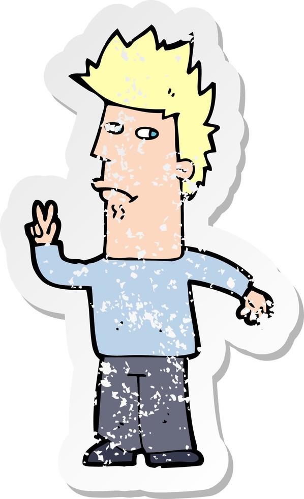 retro distressed sticker of a cartoon man giving peace sign vector