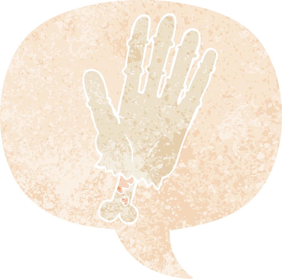 cartoon zombie hand and speech bubble in retro textured style vector