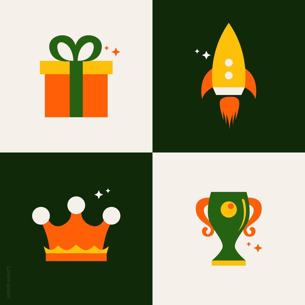 Flat design illustration simple object gift, rocket, crown, trophy vector