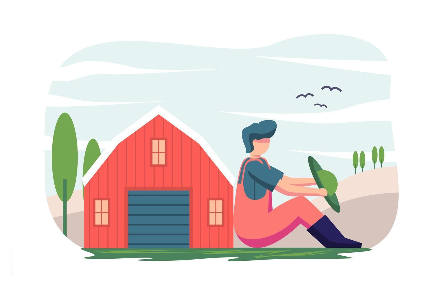 Flat design illustration of red shirt farmer and garden rural plant vector