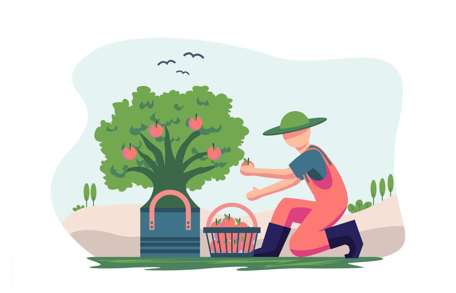 Flat design illustration of red shirt farmer and garden rural plant vector