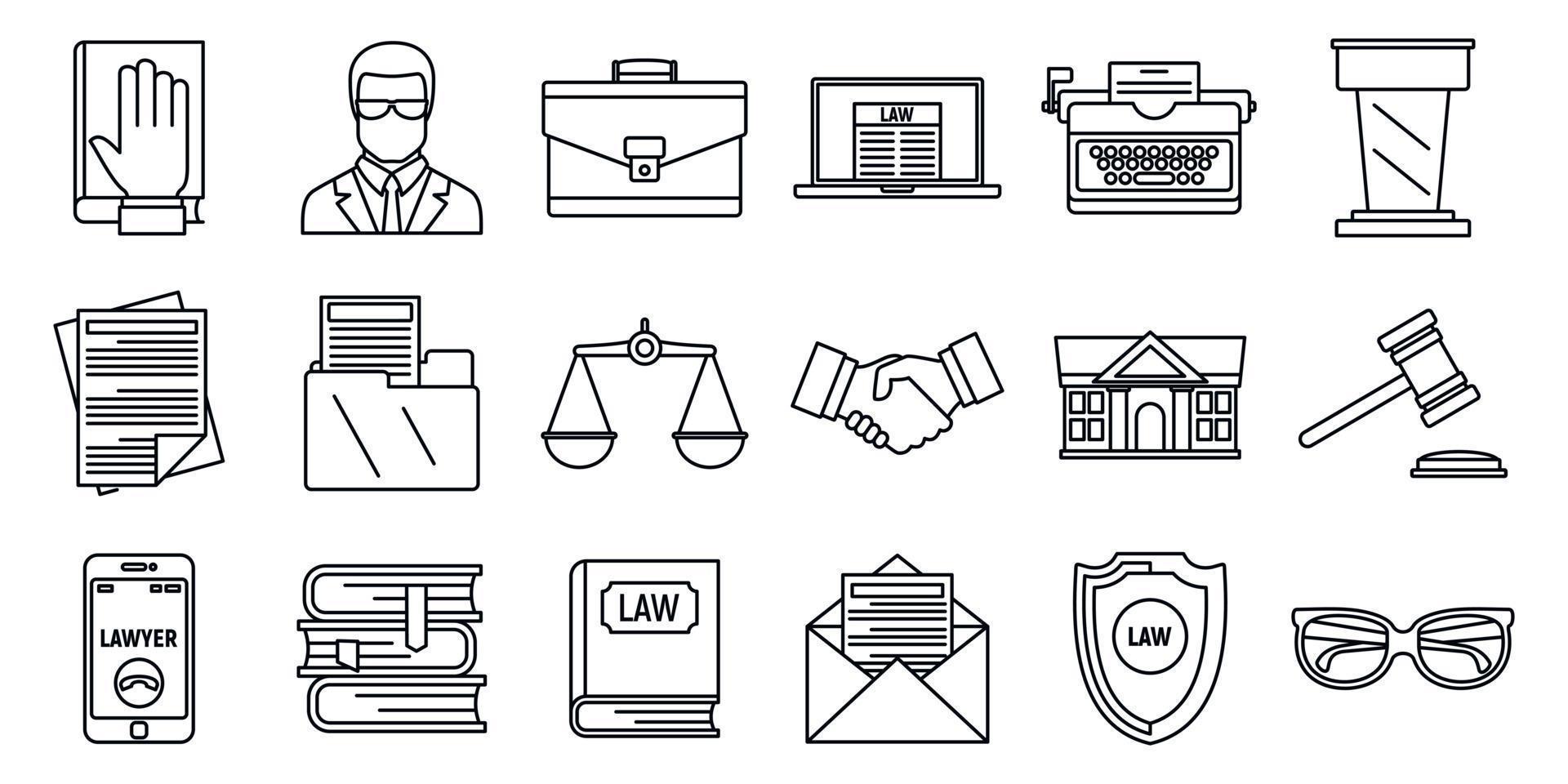 Lawyer justice icons set, outline style vector