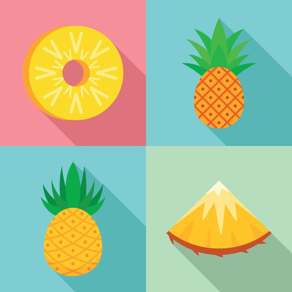 Pineapple icons set, flat style vector
