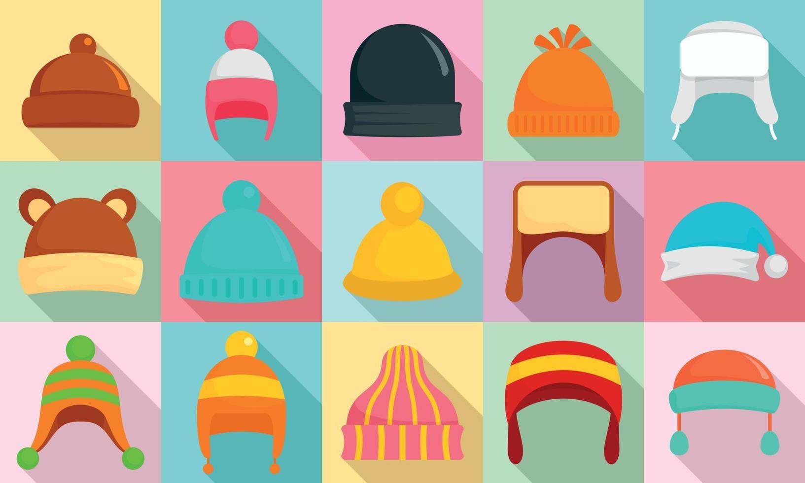 conjunto de iconos de sombreros de invierno, estilo plano vector