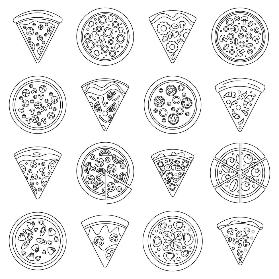 Pizza slice icon set, outline style vector