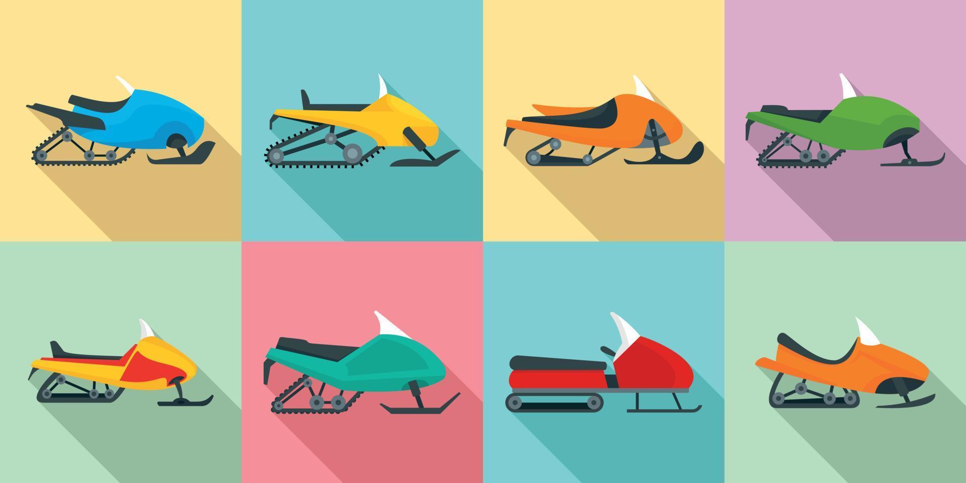 conjunto de iconos de motos de nieve, estilo plano vector