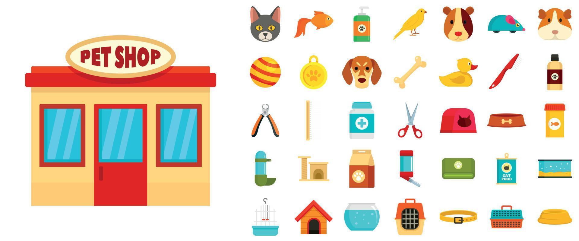 Pet store icon set, flat style vector