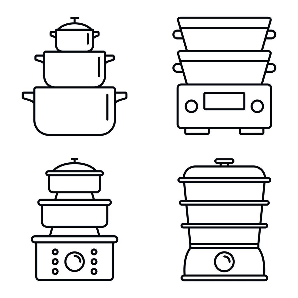 Cooking steamer icon set, outline style vector