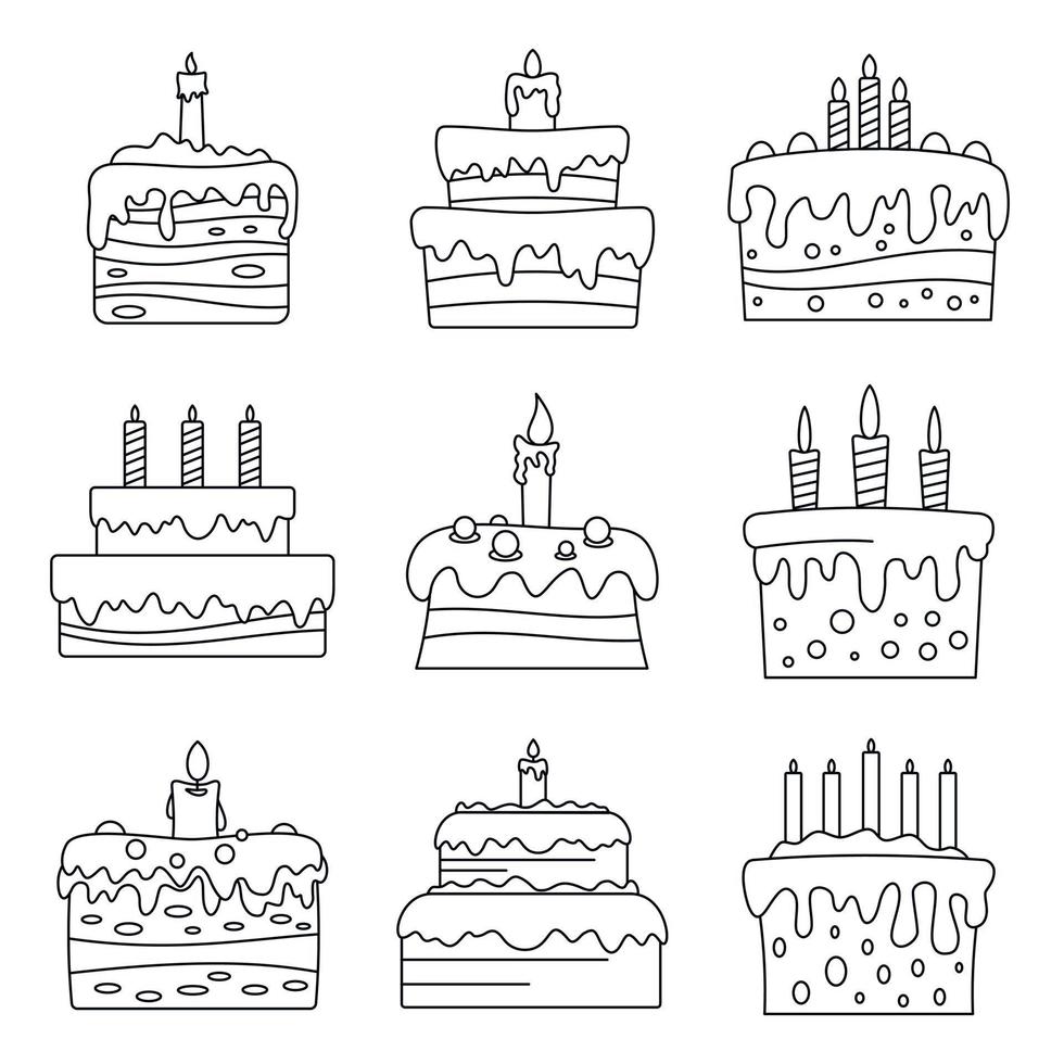 Sweet cake birthday icon set, outline style vector