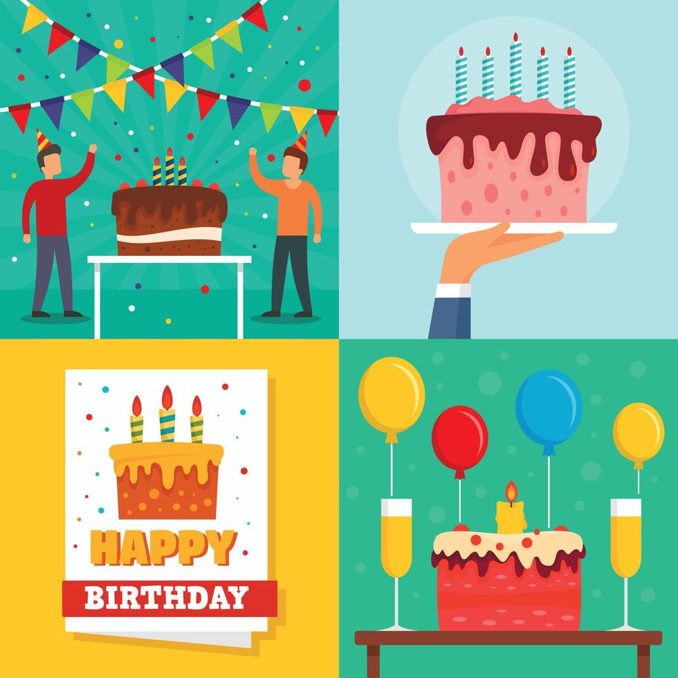 conjunto de pancartas de cumpleaños de pastel, estilo plano vector