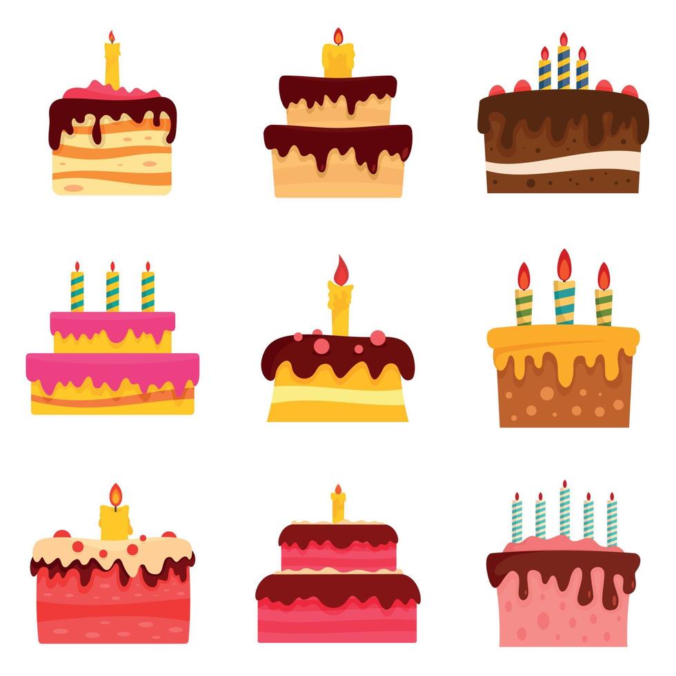 Cake birthday icon set, flat style vector