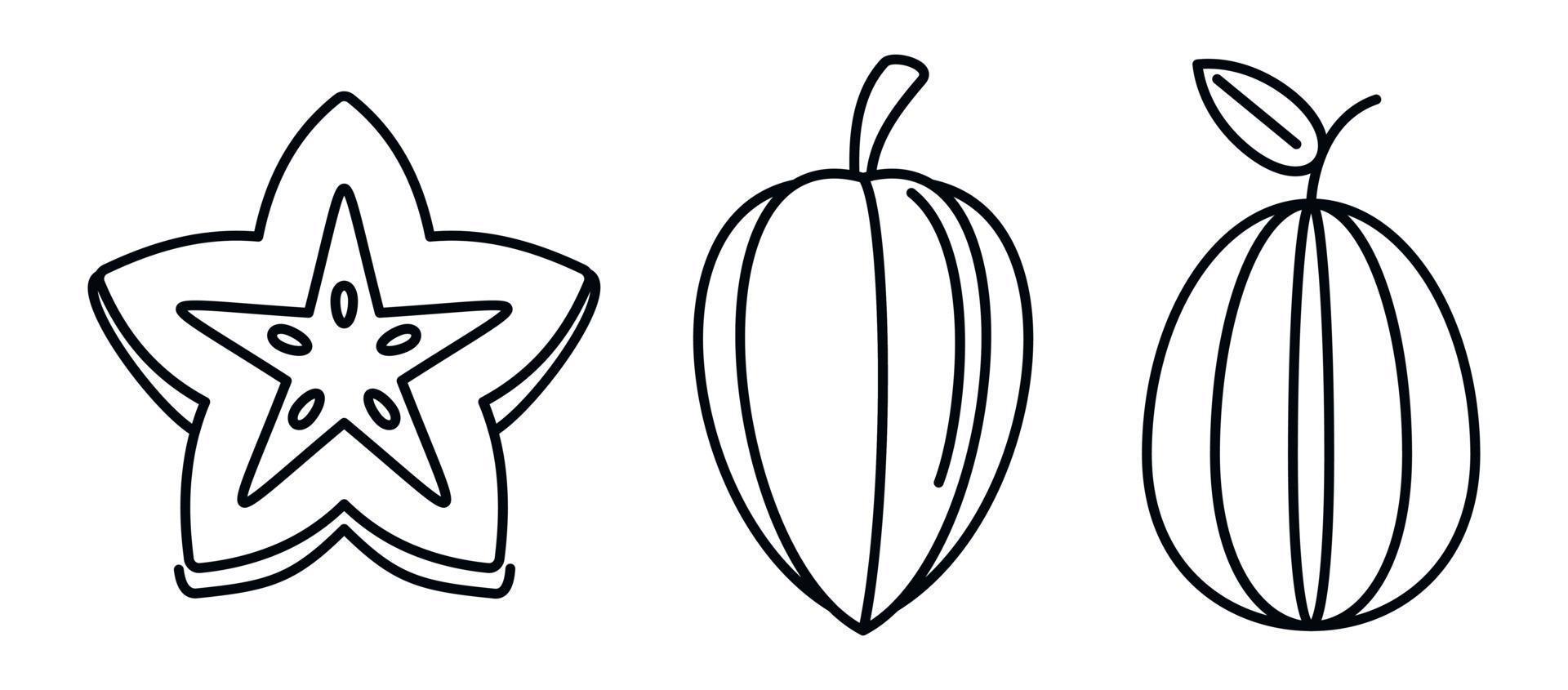 Carambola star fruit icons set, outline style vector