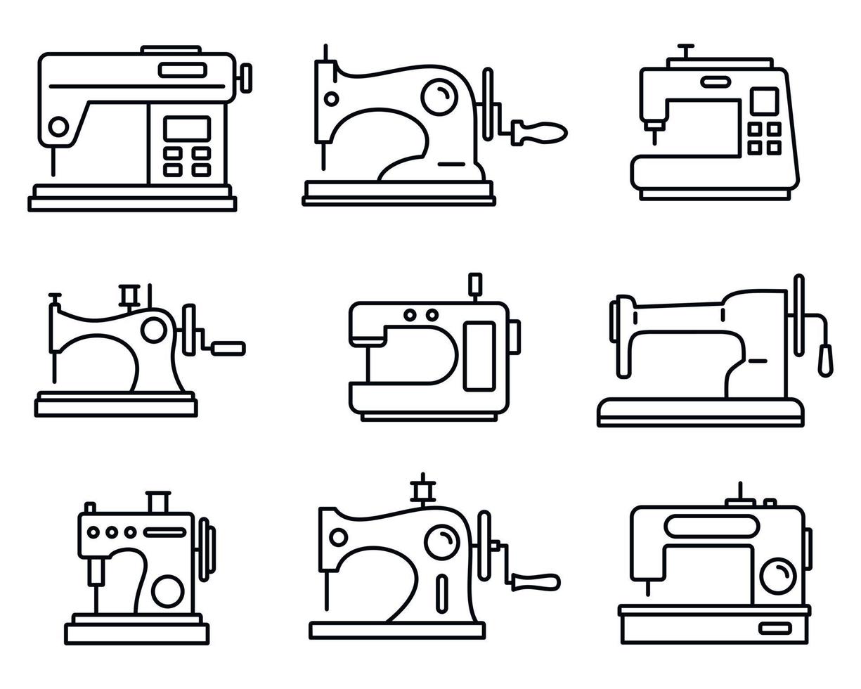 Fabric sew machine icon set, outline style vector