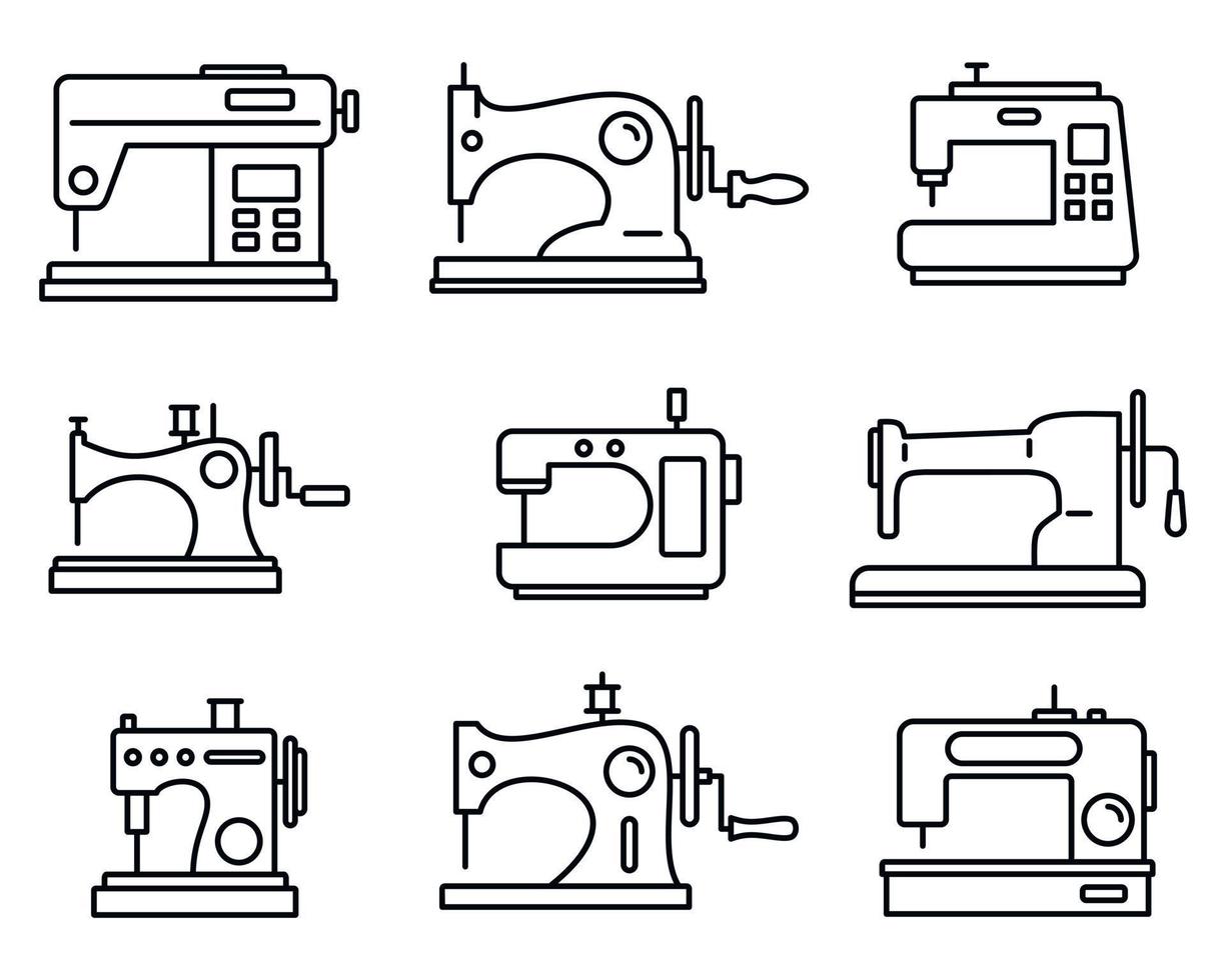 conjunto de iconos de máquina de coser de tela, estilo de esquema vector