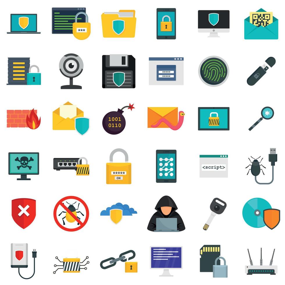 Cyber security icon set, flat style vector