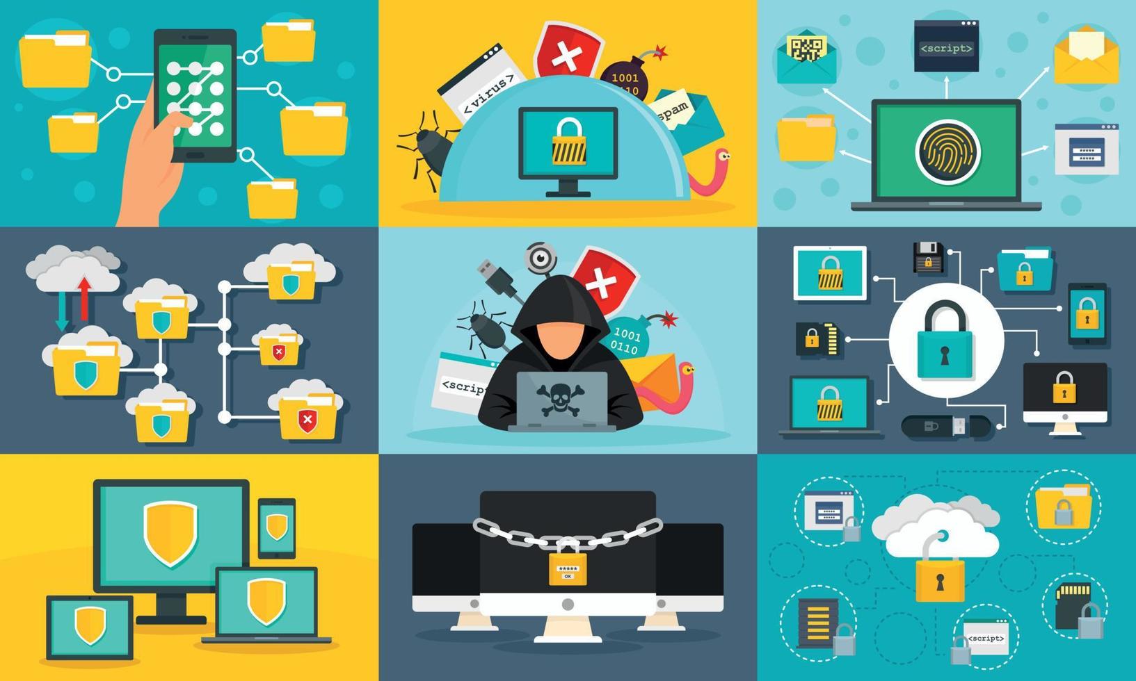 Computer security banner set, flat style vector