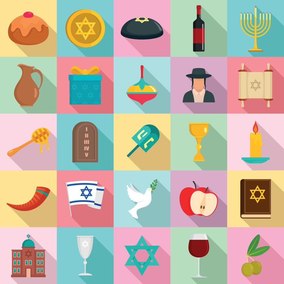 Happy hanukkah icon set, flat style vector