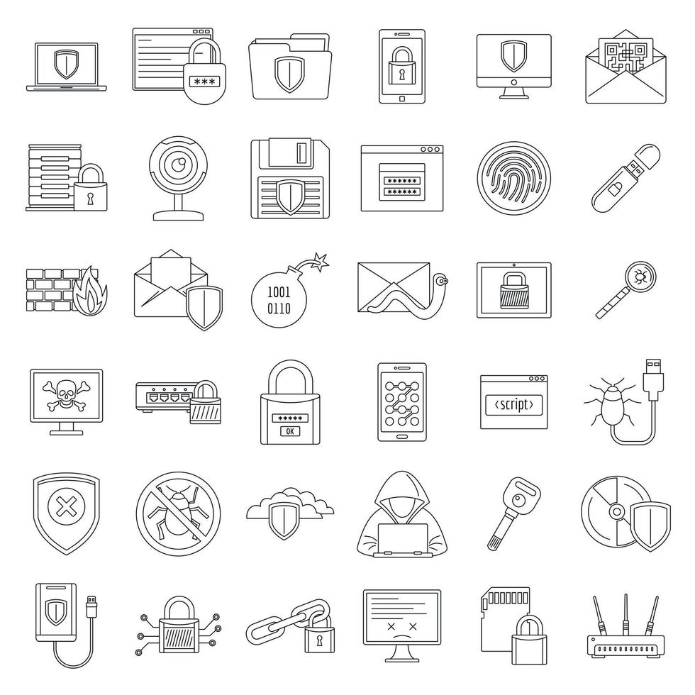 Internet security icon set, outline style vector