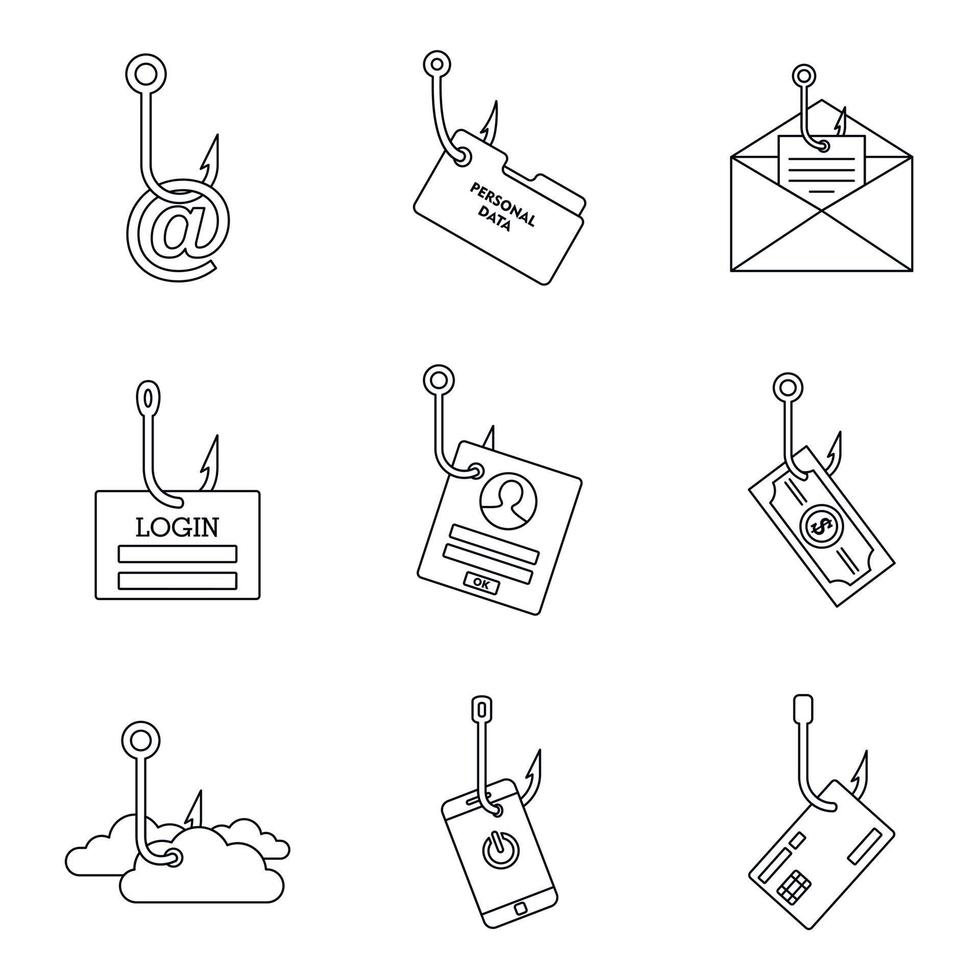 Cyber phishing icon set, outline style vector