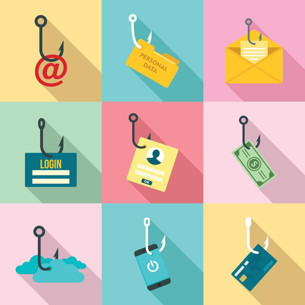Phishing icon set, flat style vector