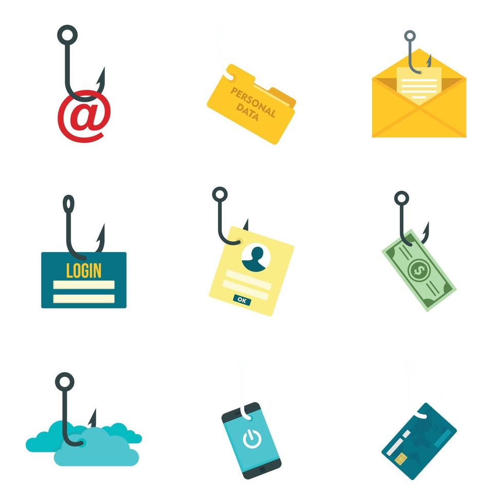 Phishing icon set, flat style vector