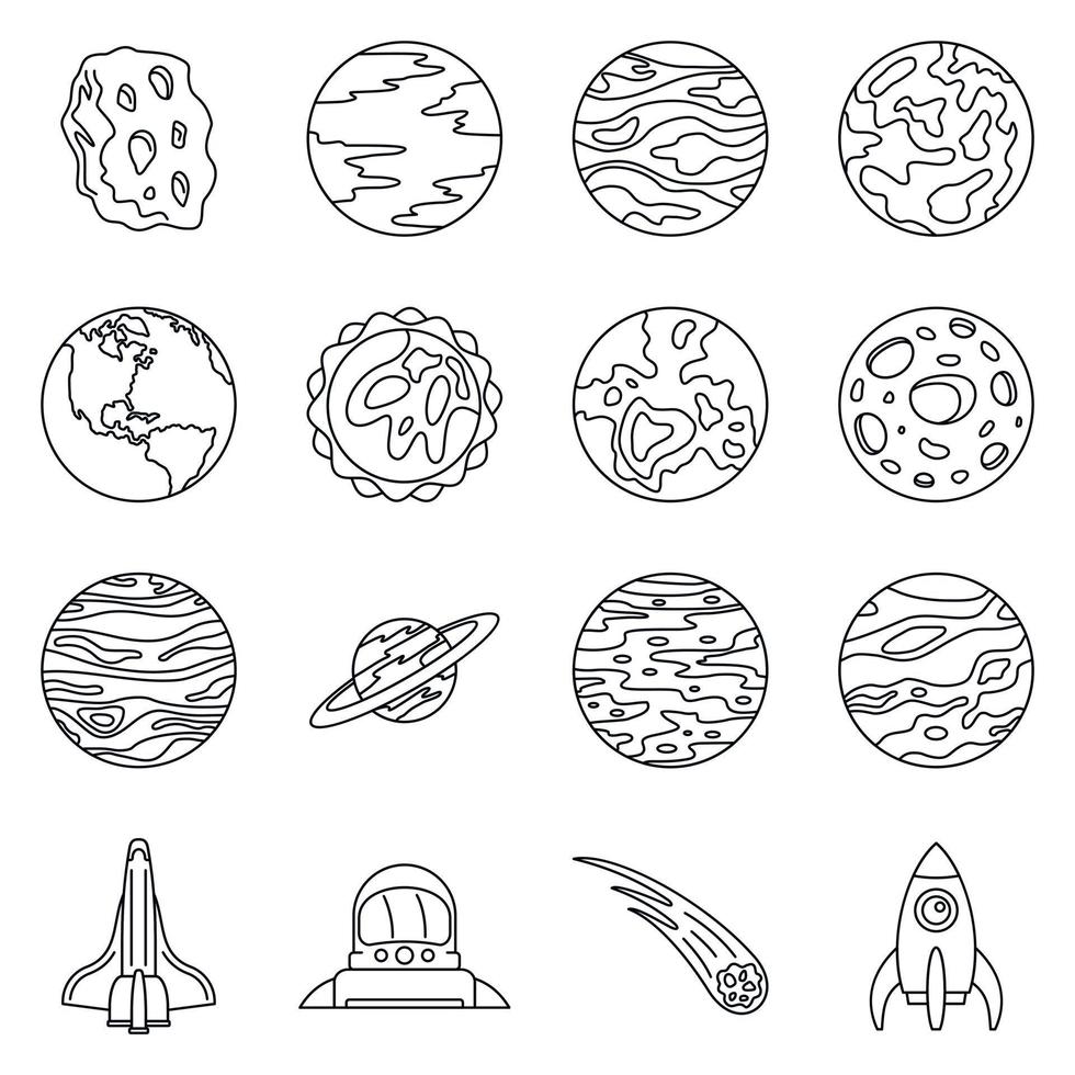 Solar system planets icon set, outline style vector