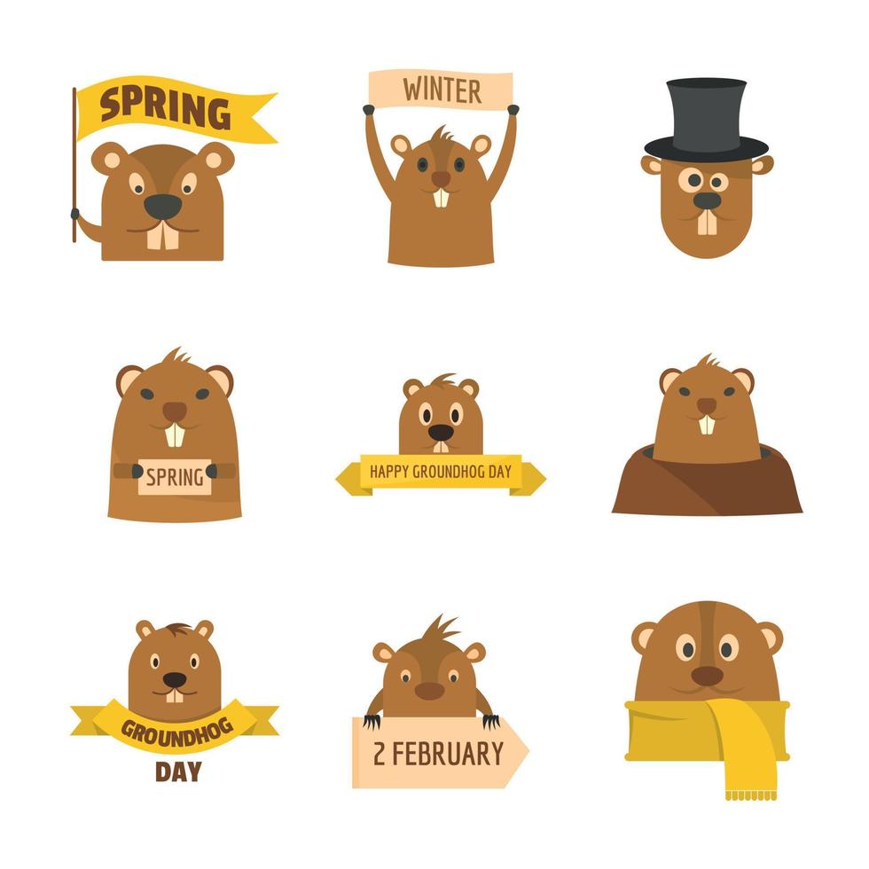 Groundhog day happy logo icons set, flat style vector