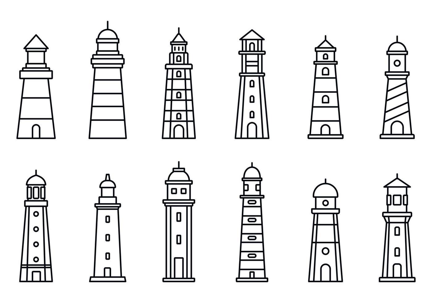 conjunto de iconos de faro de mar, estilo de esquema vector
