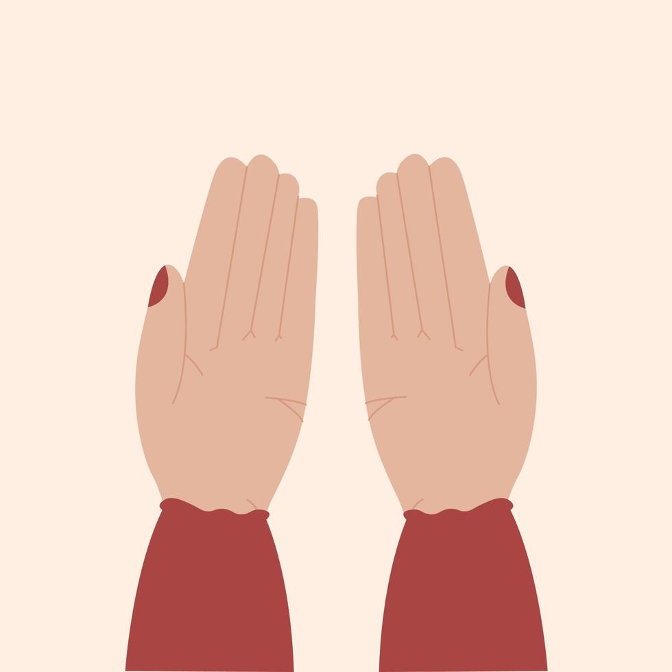 Open hands dua prayer illustration. Islamic prayer symbol isolated vector illustration on light pink background. Muslim woman performing the prayer and open hands.