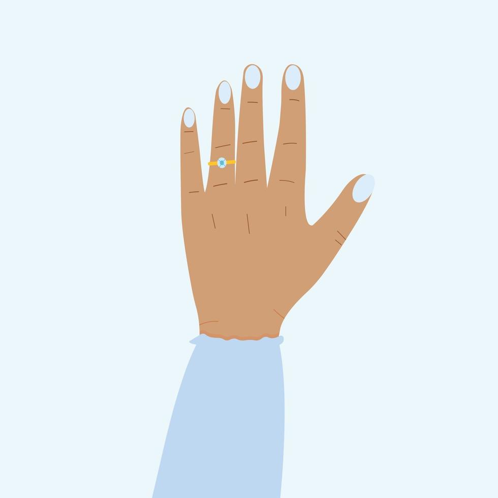 mano de mujer negra casada con ilustración de anillo de diamantes para diseño impreso y postal. vector