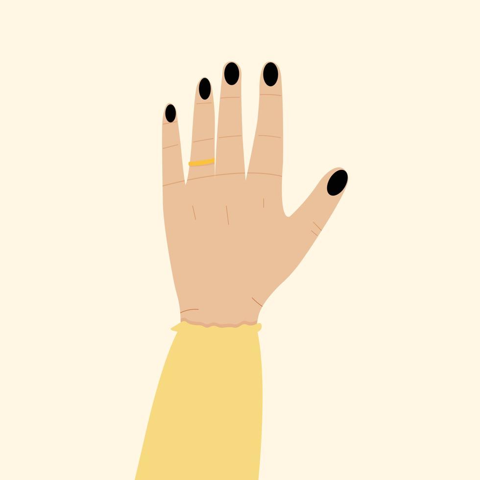 Hand of married woman with ring illustration. Wedding ring on woman finger. Female hand for postcard print and posters. vector