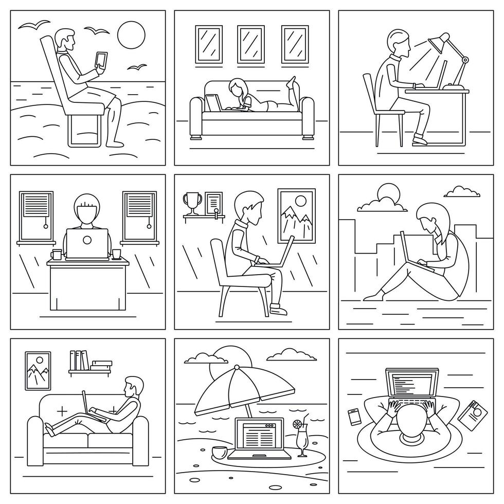 Computer distant work banner set, outline style vector
