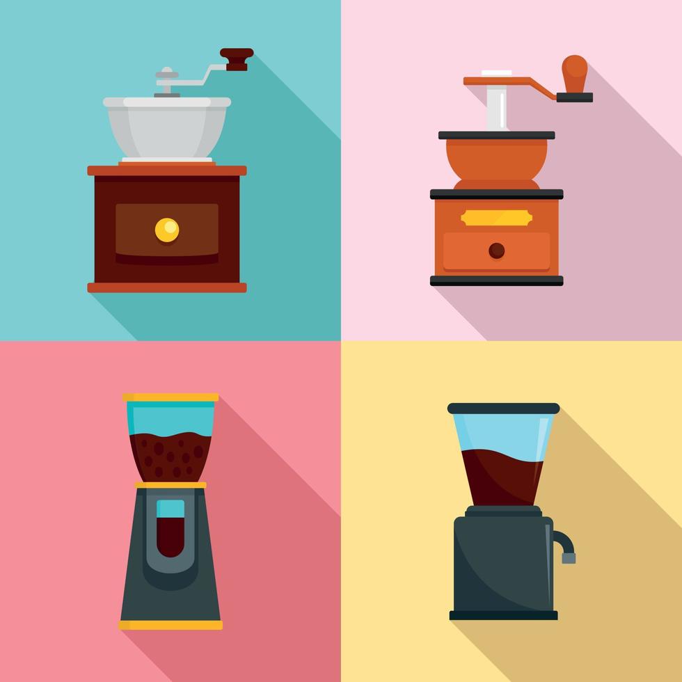 Coffee grinder icon set, flat style vector