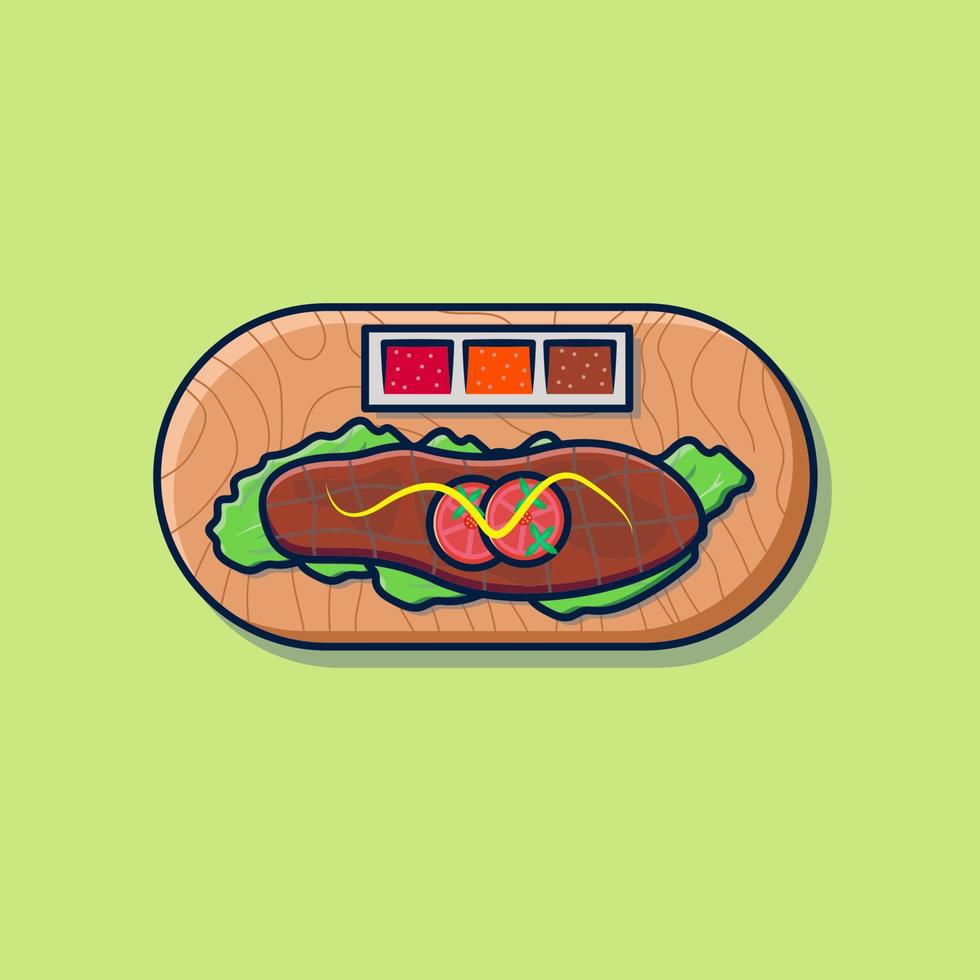 big piece of grilled meat on a wooden plate and fresh lettuce vector illustration