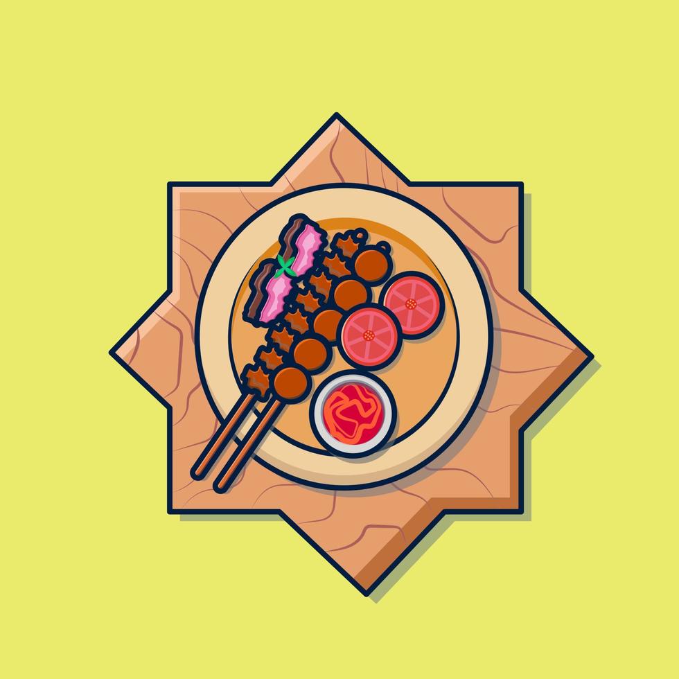 beef satay and meatballs with tomato and meat slices vector